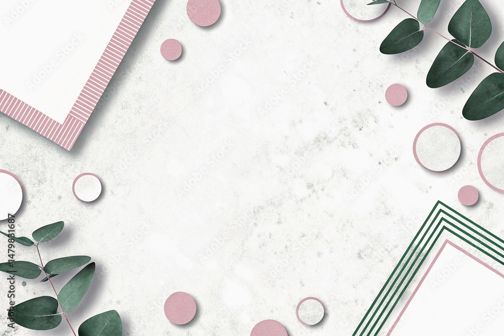 Fototapeta premium Minimalist Design with Leaves and Abstract Circular Patterns on a Light Background