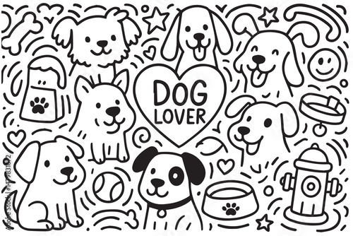 A black and white vector doodle features playful sketches of dogs, bones, and paw prints, capturing the joyful spirit of every dog lover.

