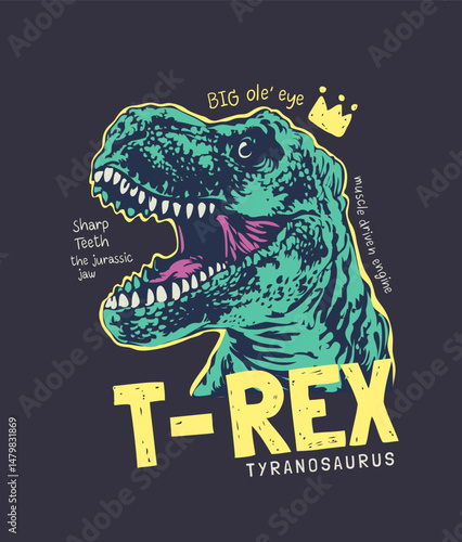 typography slogan with cartoon dinosaur on black background vector illustration