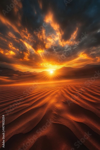 Desert landscape at sunset with golden light and dramatic clouds wide angle view sand dunes and mountains