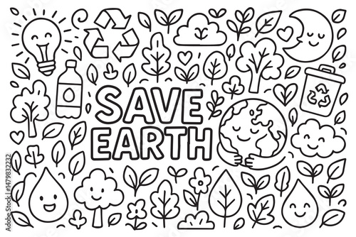 The vector doodle background uses black and white drawings of Earth, hearts, and nature, delivering a positive message about saving the environment.

