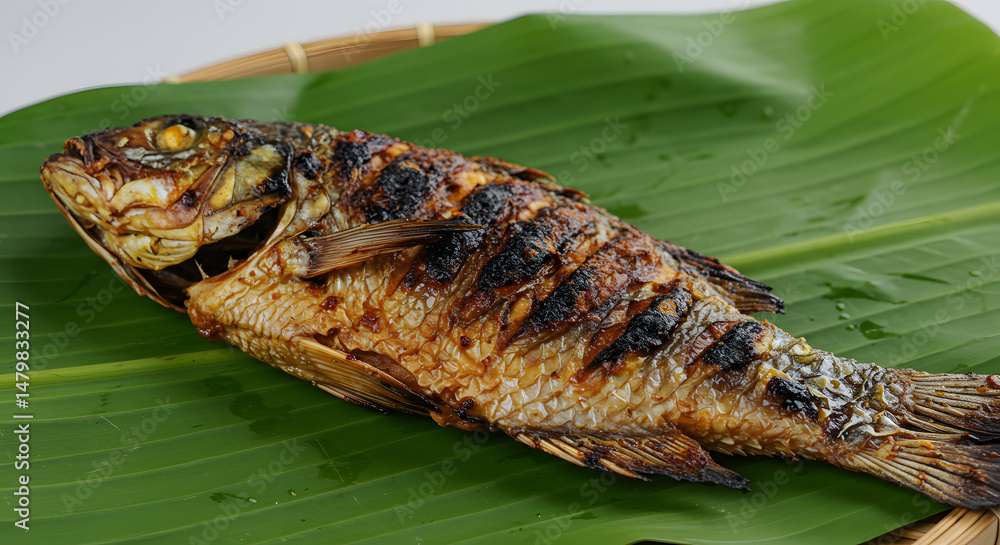 Grilled Fish on Tropical Leaf, Close-up Food Photography Grilled Fish on Tropical Leaf, Close-up Food Photography