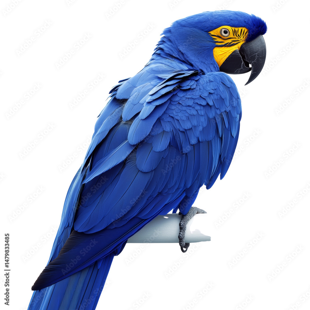 Obraz premium Vibrant blue hyacinth macaw perched against a pristine white backdrop