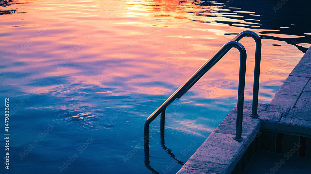 Serene pool at sunset: tranquil water, ladder, and vibrant colors for relaxation escape Serene pool at sunset: tranquil water, ladder, and vibrant colors for relaxation escape