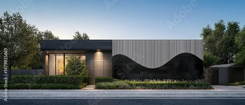 Modern Exterior Home Design With Dark Facade And Landscaping