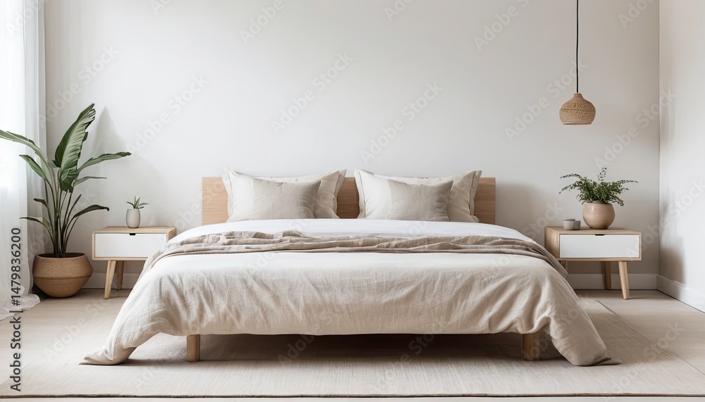 Naklejka premium Modern Minimalist Beige Bedroom Interior Design