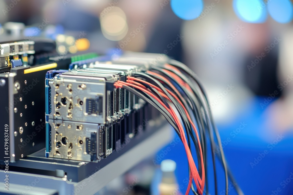 Naklejka premium Close-up View of Electronic Circuit Board with Colorful Wires and Connectors Showcasing Equipment in a Modern Technology Setup at a Trade Exhibition