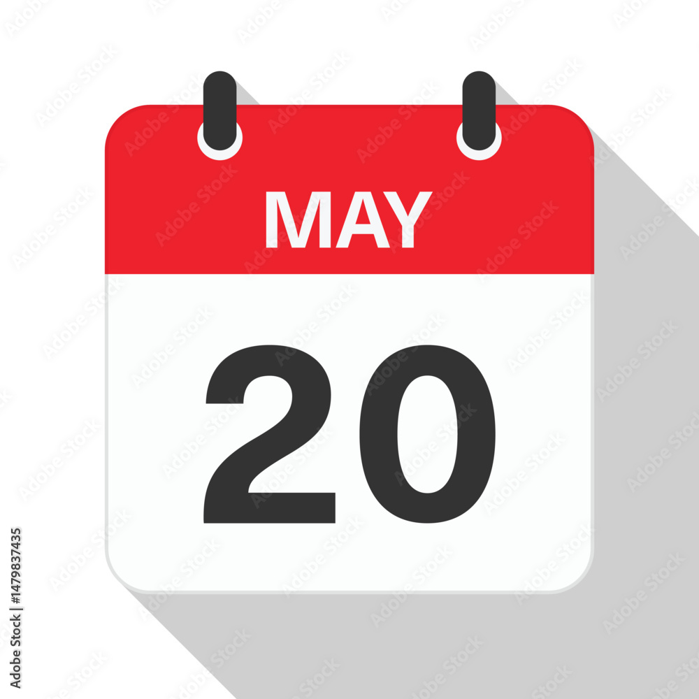 Fototapeta premium May 20 Daily Calendar. Red Theme on White Background