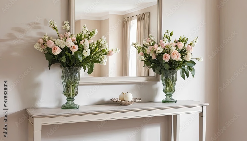 Fototapeta premium Pastel Pink and White Rose Bouquets in Crystal Vases on a Console Table