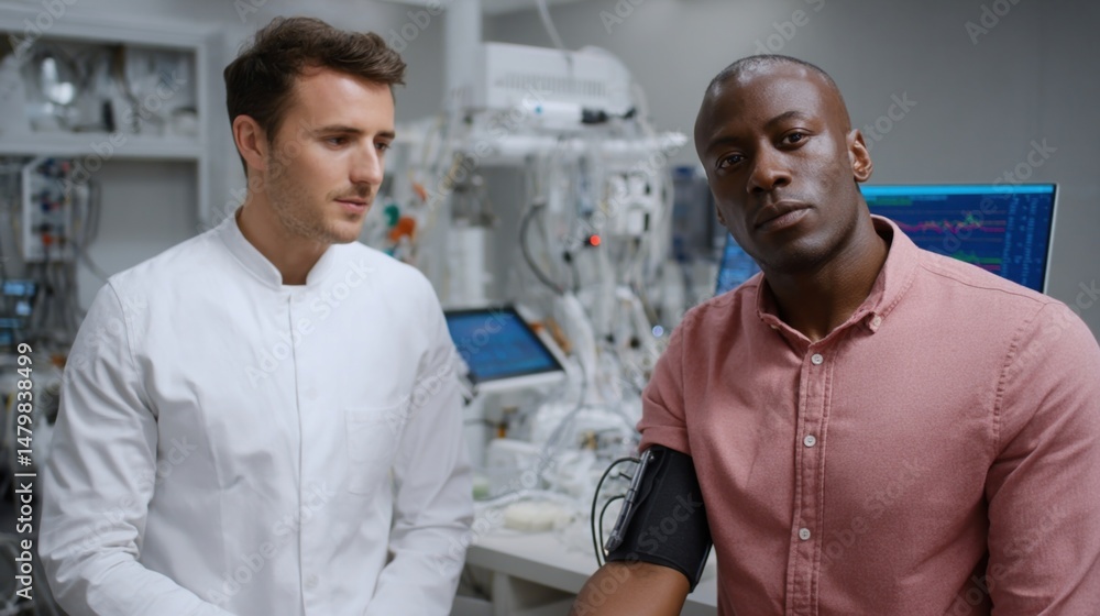 Obraz premium Surrounded by sleek laboratory equipment a researcher observes a study participant. The cuff equipped with sensors fits snugly against skin. Amidst beeping monitors and swirling charts