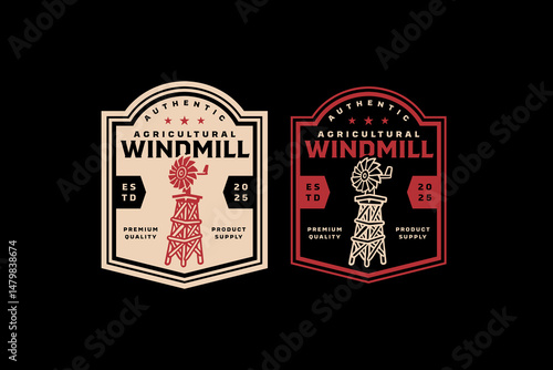 agricultural old windmill tower retro badge logo vector design set for farm, harvest, agriculture, industry. wooden windmill vintage illustration label emblem element design graphic collections