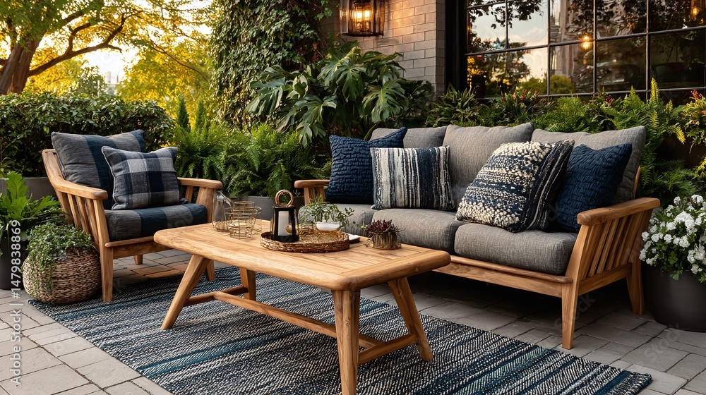 Obraz premium Cozy outdoor lounge area. Comfortable plush cushions, throw pillows, surrounded by rich greenery. Wooden coffee table, rug, create relaxed atmosphere. Garden patio, relaxation. Modern home decor
