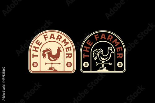 weather vane arrow with rooster shape retro badge logo vector design set for farm, harvest, agriculture. wind vane, weathervane compass vintage illustration label emblem element design graphic
