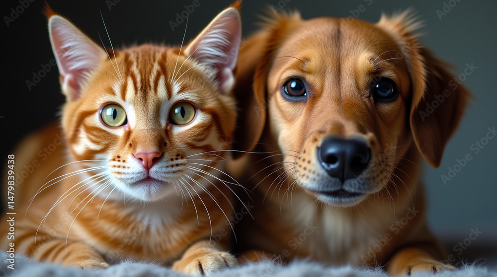 Close-Up of a Cat and Dog Side by Side – Microphotography of Fur Patterns and Reflective Eyes Close-Up of a Cat and Dog Side by Side – Microphotography of Fur Patterns and Reflective Eyes