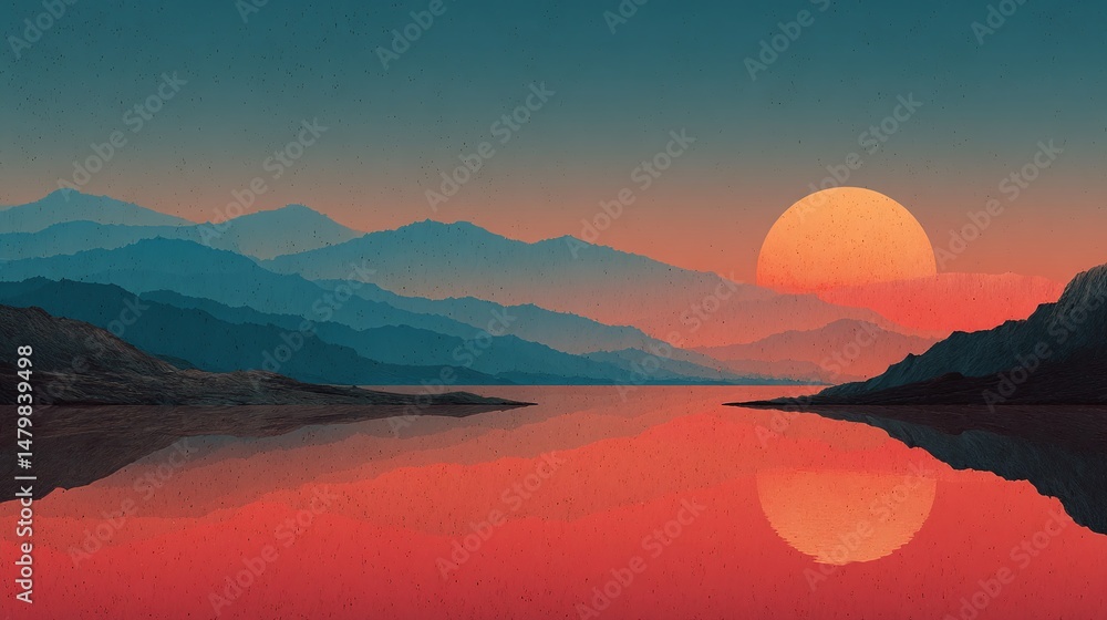 Obraz premium Digital illustration scenic sunset over mountain lake. Vivid colors, artistic landscape evokes serene, calm mood. Dark mountains, reflection in water, orange sun. Nature, travel, vacation concept.