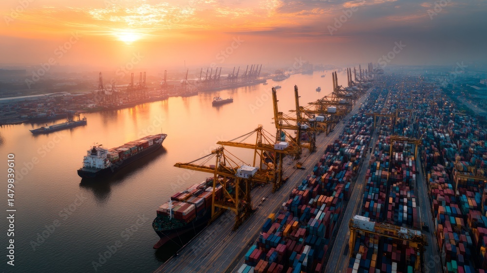 Fototapeta premium Cargo ships at dawn with geometric container shapes, a serene seaport awakening to soft morning light 