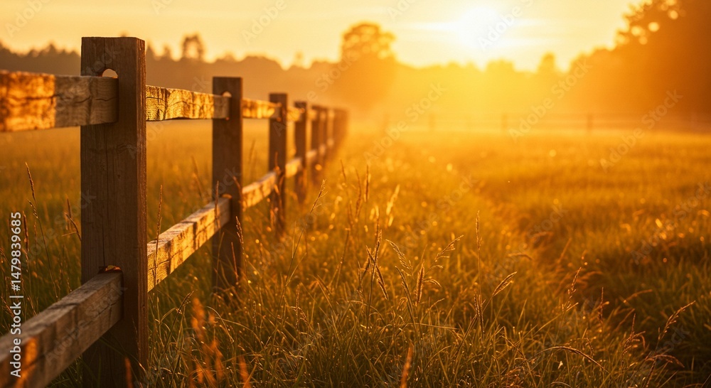 Fototapeta premium Golden Sunrise over Serene Grassland with Wooden Fence Peaceful Rural Scene