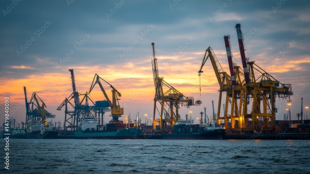 Cargo ships at dawn with geometric container shapes, a serene seaport awakening to soft morning light
Cargo ships at dawn with geometric container shapes, a serene seaport awakening to soft morning light