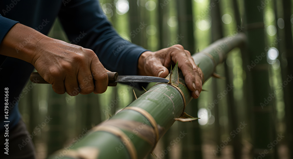 Fototapeta premium Hands Carefully Peeling a Bamboo Pole in a Lush Forest