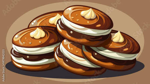  A delightful fusion of rich chocolate cookies generously filled with smooth vanilla cream creates a mouthwatering visual on a clean background. The contrast of dark and light tones enhances the delic