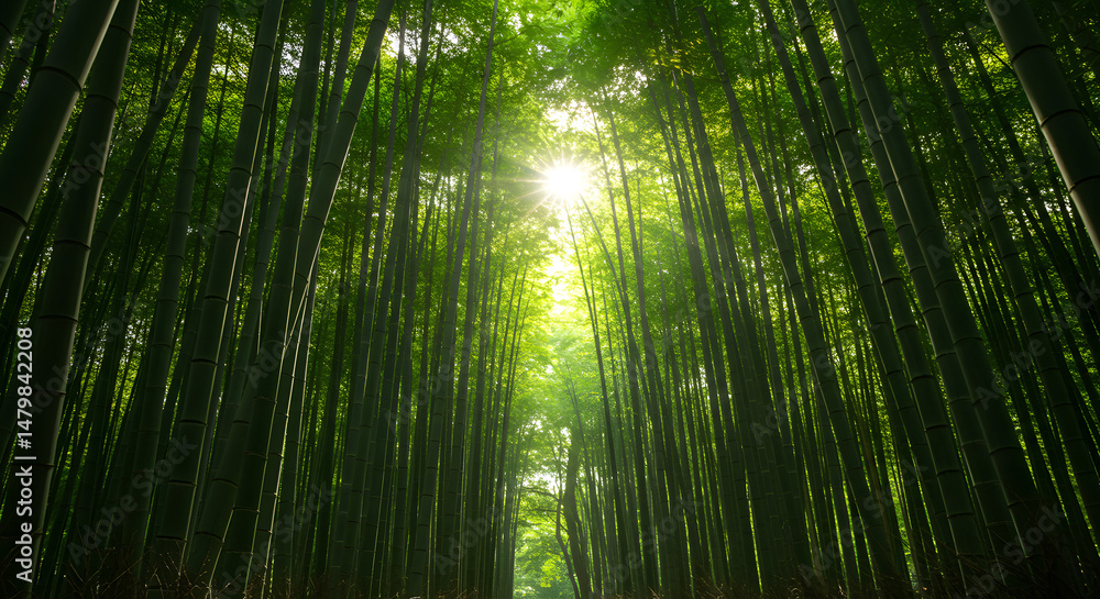 Fototapeta premium Sunlit Path Through a Lush Bamboo Forest