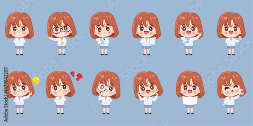 Cartoon cute doctor woman character pose set design. premium vector.