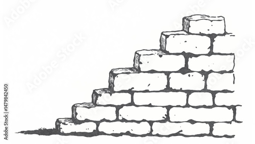 A black and white, hand-drawn illustration of a stack of bricks on a white background. A stack of bricks.	