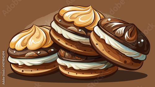  A delightful fusion of rich chocolate cookies generously filled with smooth vanilla cream creates a mouthwatering visual on a clean background. The contrast of dark and light tones enhances the delic