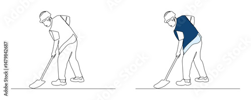One line drawing of a construction worker digging with a shovel. Minimalist style with outline and colored versions. labor, worker safety, or infrastructure etc.