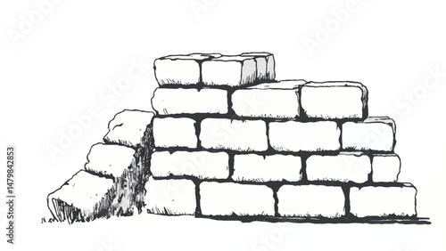 A black and white, hand-drawn illustration of a stack of bricks on a white background. A stack of bricks.	