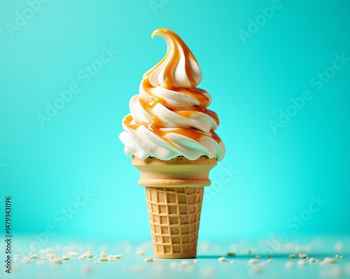 Delicious soft serve ice cream in a cone with caramel drizzle on a vibrant blue background