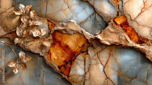 Elegant Marble Pattern with Golden Autumn Flowers and Mosaic Background for Sophisticated Wall Decor. Ultra-realistic high-resolution marble design featuring intricate veins and warm tone