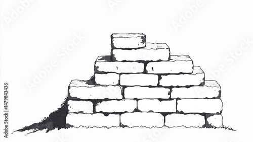A black and white, hand-drawn illustration of a stack of bricks on a white background. A stack of bricks.	