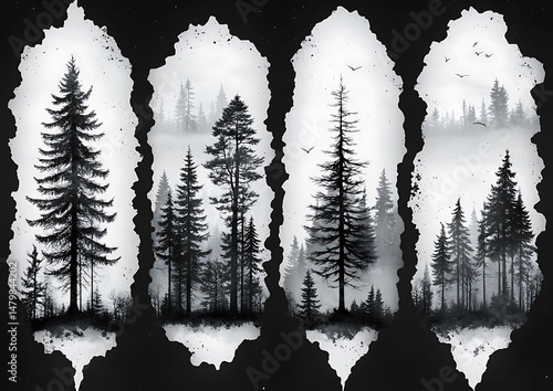 Misty forest scene with tall trees