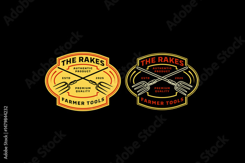 rake gardening equipment retro badge logo vector design set for farmer, agricultural, ecology, harvest. pitchfork for scratch grass or soil vintage emblem element design graphic collections
