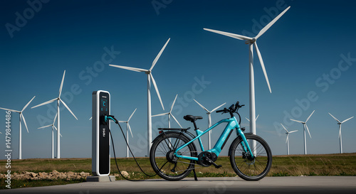 Electric Bicycle Charging Station with Wind Turbines in Background