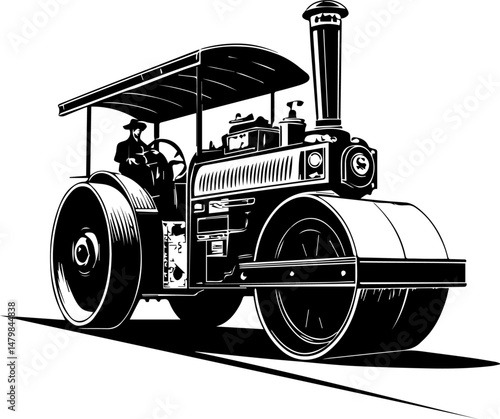 Vintage Steamroller Black and White Illustration