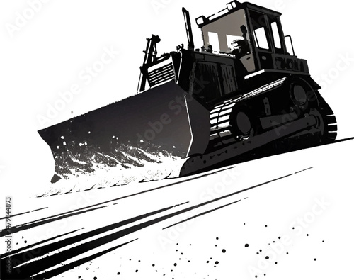 Bulldozer Pushing Material Black and White Illustration