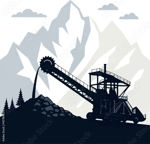 Mining Excavator Silhouette in Mountain Landscape Vector Illustration