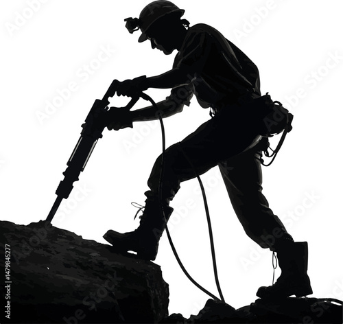 Powerful Silhouette of Construction Worker with Jackhammer Drilling Rock