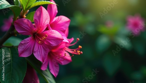 Vibrant fuchsia blossoms, intricate leafy details, illustration, spring