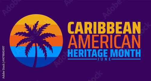 Caribbean American Heritage Month Banner, background or poster design template. June Celebration with Silhouette and Sunset Colors. Cultural Awareness Illustration.