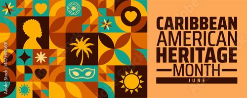 Colorful Caribbean American Heritage Month Banner or background. June Celebration with Geometric Shapes. Cultural  Illustration.