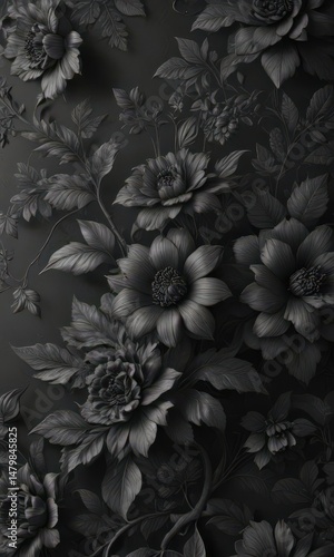 Intricate charcoal floral wallpaper, elegant & textured  , background, subtle, gothic