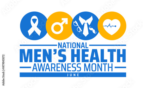 National Men's Health Awareness Month Banner or background. June Campaign with Health and Men's Icons. Healthcare Illustration.