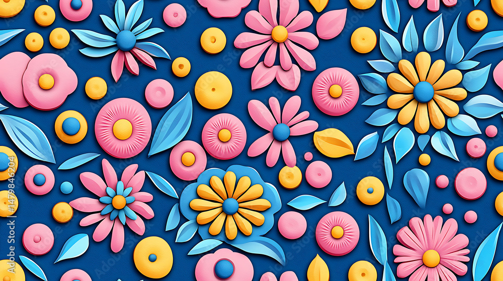 Cheerful flower pattern features colorful texture and relief detail. Blue, pink, yellow design feels happy and vibrant Cheerful flower pattern features colorful texture and relief detail. Blue, pink, yellow design feels happy and vibrant
