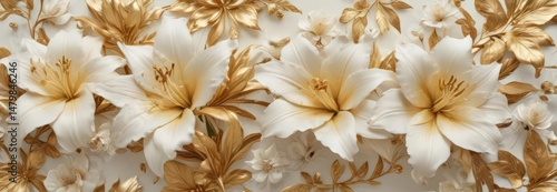 Intricate gold leaf on ivory, blooming roses & lilies, floral, delicate