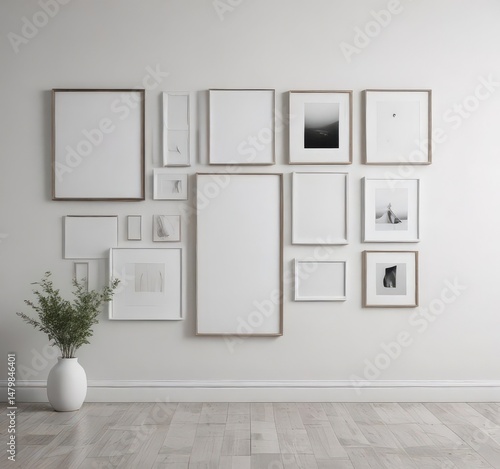 Minimalist gallery wall mockup  White wall, diverse frames ,  aesthetic,  hanging