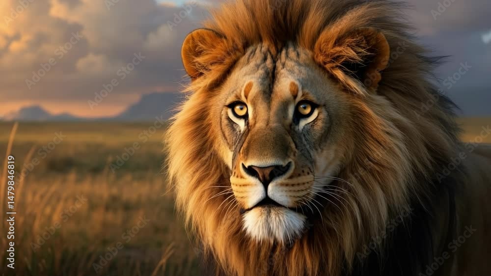 Close-up of a majestic lion with golden mane looking into distance Close-up of a majestic lion with golden mane looking into distance