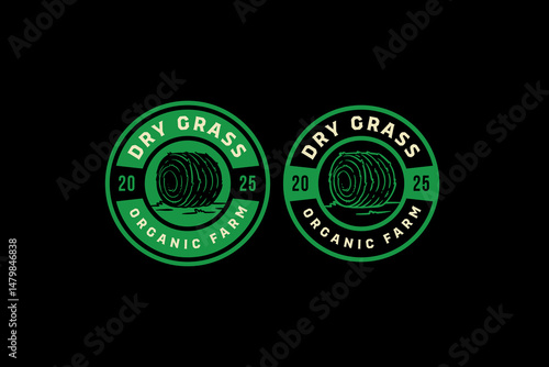 dry grass rolled, haystack retro badge logo vector design set for farmer, agricultural, ecology, harvest, environment. bales of hay, rolled haycock vintage emblem element design graphic collections